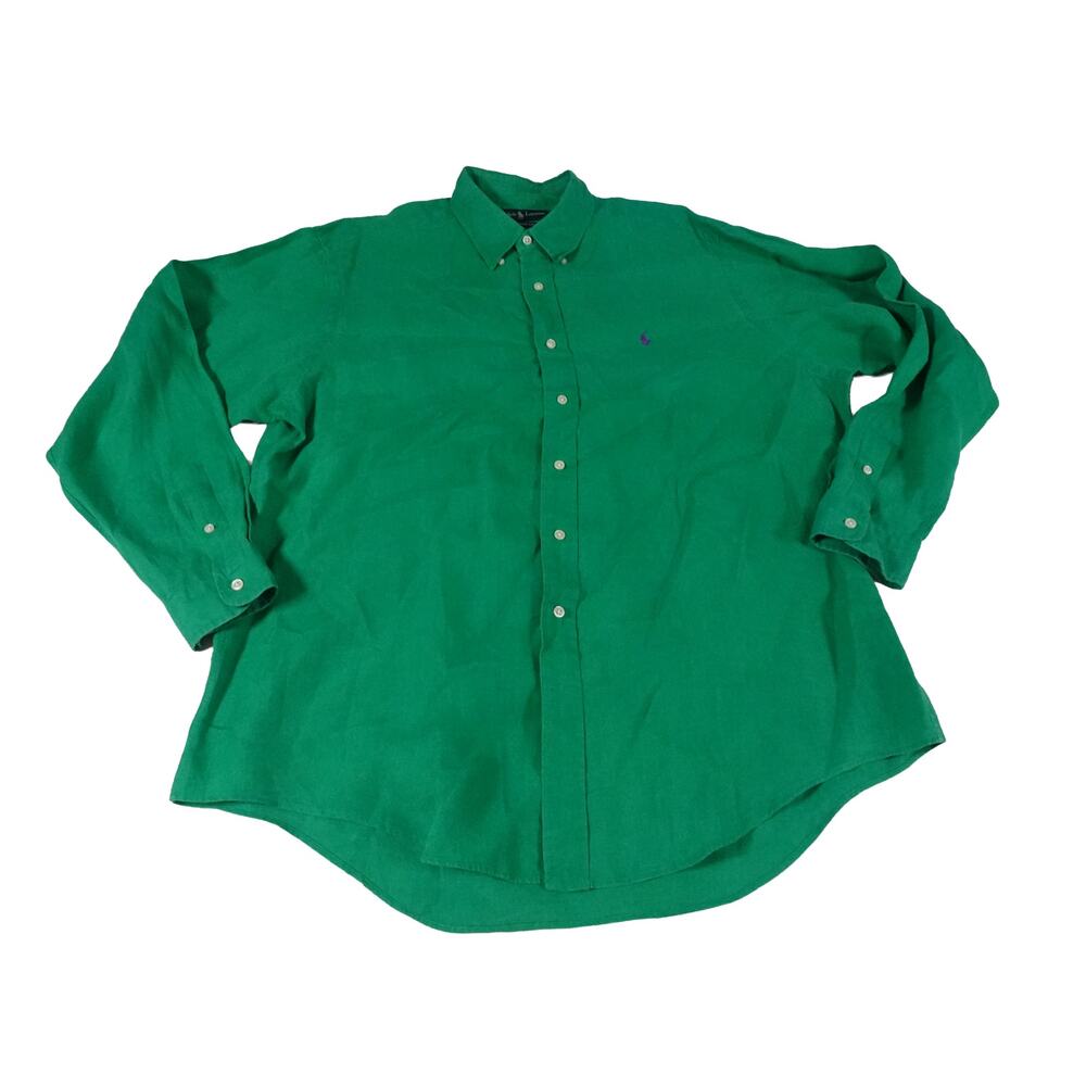 Ralph Lauren Vintage Linen Green Blue Pony Button Up Long Sleeve Shirt Men's XL